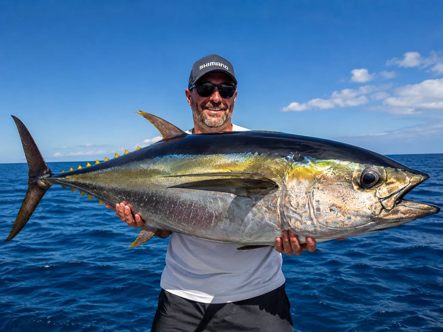 Bigeye tuna held aboard, its large round eye clearly visible